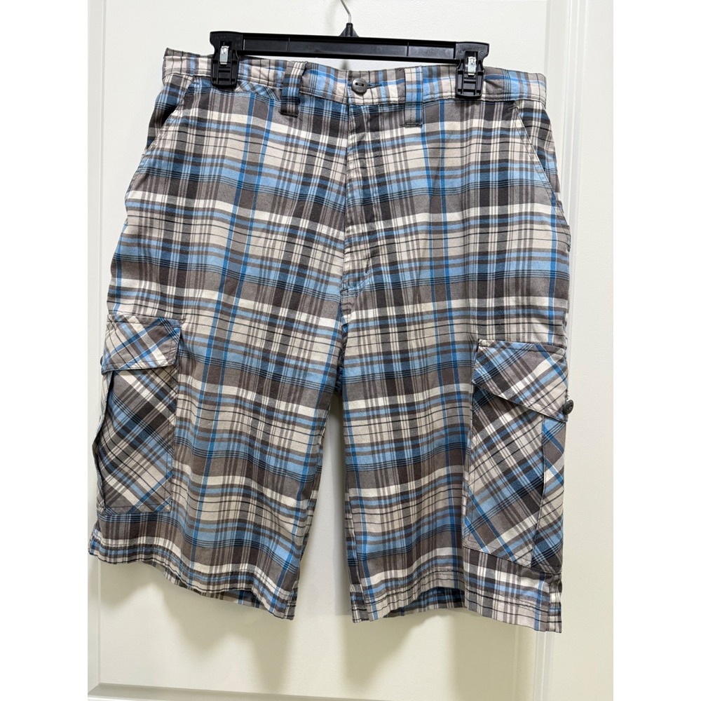 Pacific Blue Mens Plaid Cargo Shorts Blue Grey White Size 34 Relaxed Fit Utility